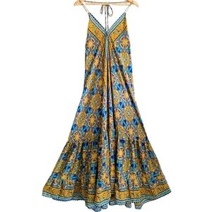 ZURY Silk Blend Vibrant Colorful Flowy Bohemian Tiered Halter Neck Maxi Dress OS